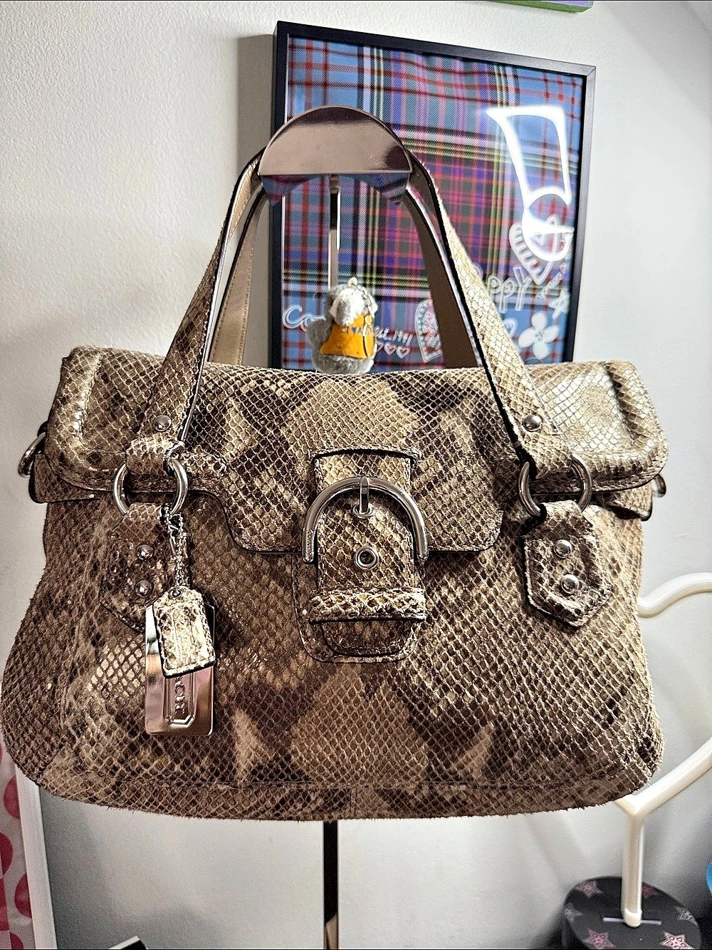 Coach Campbell Exotic Snakeskin Embossed Leather Flap Satchel Handbag
